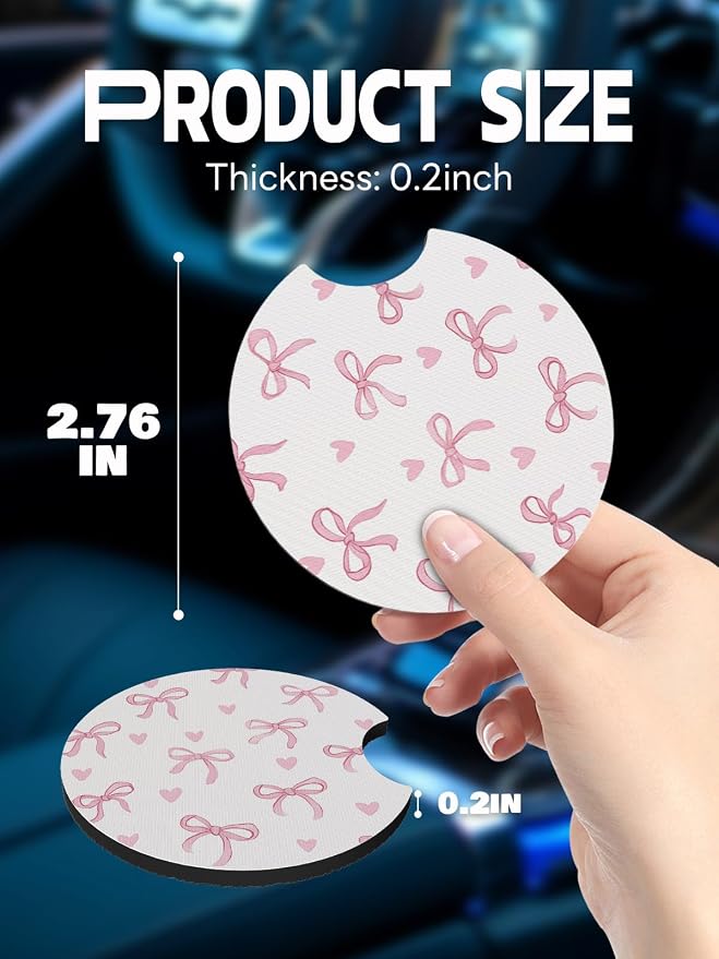 WOCOCN Car Coasters,Cup Holder Coasters for Car,2.75inch Anti Slip and Absorbent,Cute Automotive Interior Accessories for Cup Holder,Pack of 2 (Love Bow)