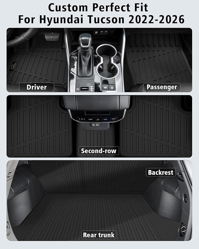 Floor Mats & Cargo Mat with Backrest Mat Custom for Hyundai Tucson 2022-2025 2026 Fuel (Not for Hybrid), Door Sill Guards, All Weather TPE Full Set Floor Liners Trunk Mat for Tucson Accessories