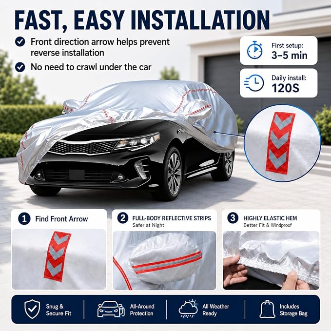 Waterproof All Weather Heavy Duty Vehicle Cover, 360° Underbody Wrap Windproof Design, Quick Install Outdoor Cover,（for Kia K5 2020-2025）