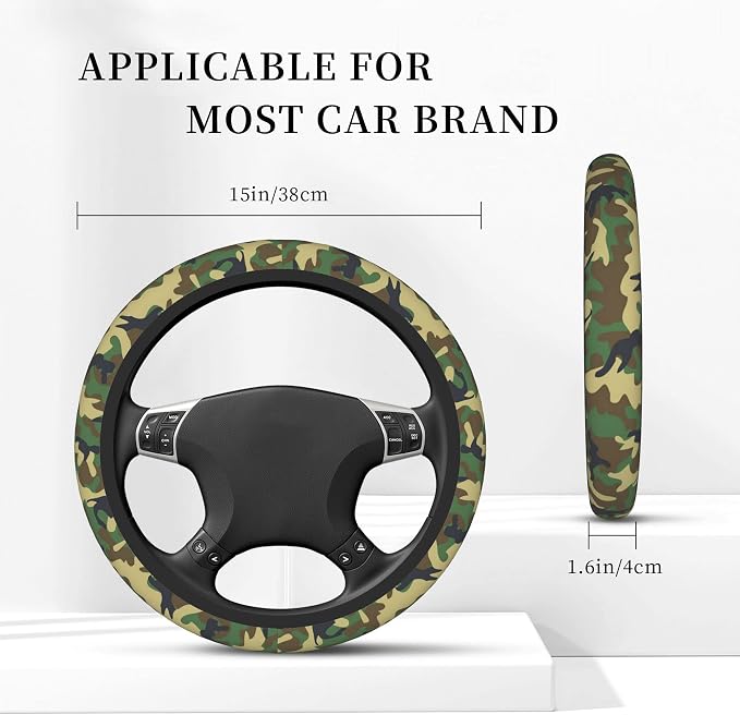 Green Camo Steering Wheel Cover for Women Men, Universal 15 Inch Anti Slip Steering Wheel Protector Car Accessories Interior for Auto Truck SUV
