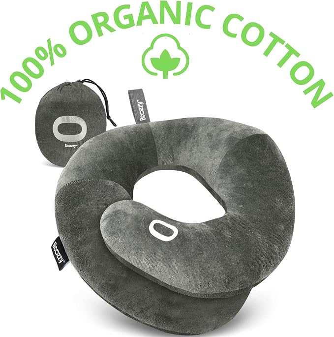 BCOZZY Organic Cotton Double Support Neck Pillow for Travel - 3 Ergonomic Positions for Head, Neck, and Chin Comfort - Ideal for Sleeping Upright on Flights, Cars, and at Home – Large, Gray