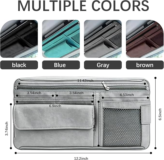 Car Sun Visor Organizer, Visor Accessories, Leather Sunvisor Pocket Organizer Case with Multi-Pocket Net Zipper, Waterproof Auto Sunshade Organizer Bag for Card Pen Sunglasses Document (Grey)