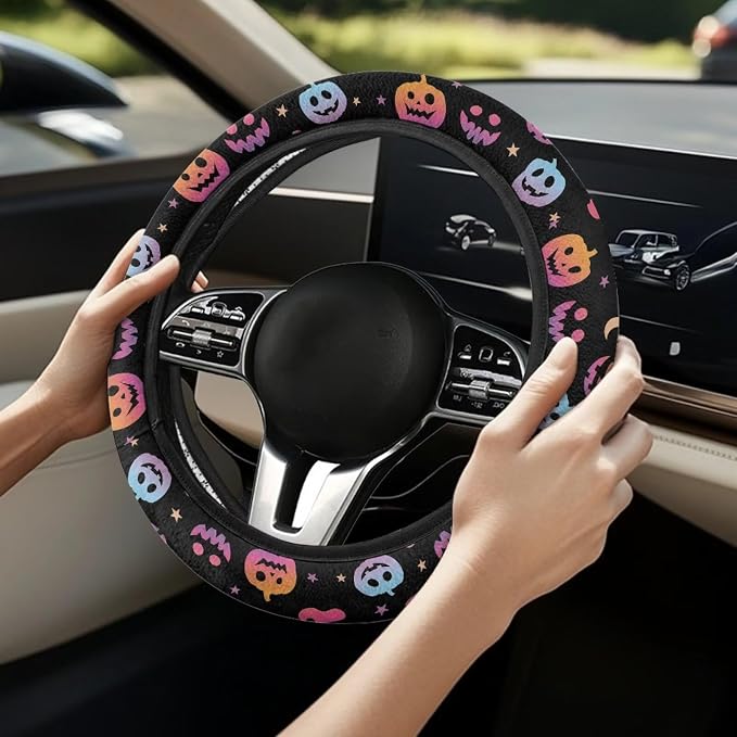 Wanyint Auto Steering Wheel Cover Unviersal 15 Inch Steering Wheel Wrap Cover Halloween Car Interior Accessories Decor for All Seasons, Pumpkin Gradient
