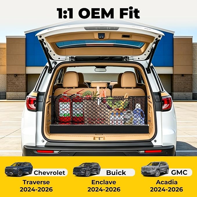 Zoned Storage Cargo Net for GMC Acadia, Buick Enclave/Chevrolet Traverse | 2024-2026, 3-Layer Trunk Net for SUV with Zipper Bag, Heavy Duty Oxford Trunk Organizer Nets, Tool-Free Install for Camping