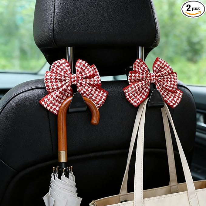 2PCS Car Seat Headrest Hooks, Car Purse Hook, Cute Bow Knot Vehicle Seatback Hanging Storage Organizer, Auto Seatback Decor Organizer Hanger for SUV Truck (Houndstooth/Red)