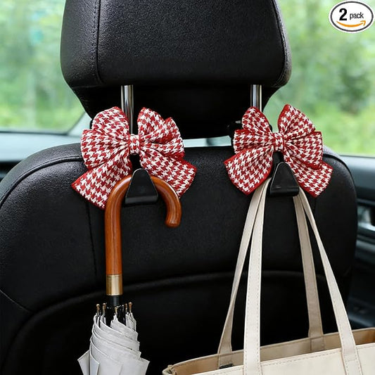 2PCS Car Seat Headrest Hooks, Car Purse Hook, Cute Bow Knot Vehicle Seatback Hanging Storage Organizer, Auto Seatback Decor Organizer Hanger for SUV Truck (Houndstooth/Red)