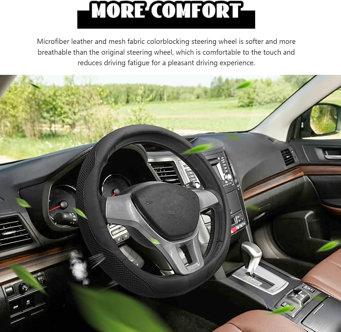 Microfiber Leather Steering Wheel Cover, Breathable Steering Wheel Protector with Anti-Slip Inner Ring, Universal 14.5"-15" Car Wheel Cover Auto Interior Decor for Men Women (Black)