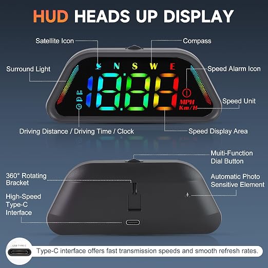 Color Digital Speedometer Heads Up Display for Vehicles,Multiple Color Options, Real-Time Speed, Auto Brightness, Overspeed Alert,360-degree Bracket,Plug and Play,Suitable for All Cars ﻿