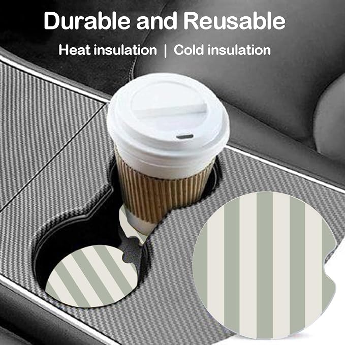 Ceramic Car Coasters – Absorbent Car Cup Holder Coaster Set for Women, Cute Aesthetic Car Accessories for Girls, 2 Pack (Moss Green)