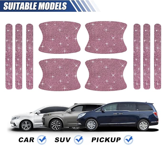 ZIMISI 10PCS Bling Car Door Handle Protector, Crystal Rhinestone Anti-Scratch Car Bowl Decoration Sticker Decal, Universal Auto Exterior Door Protective Covers Accessories for Women (Pink)