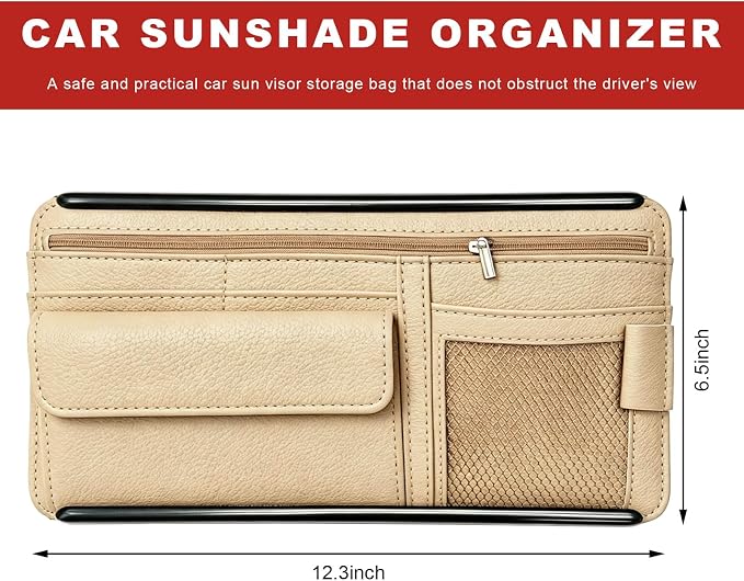 Car Sun Visor Organizer, Scratch-Resistant Auto Visor Glasses Storage Bag with Multi-Pocket Net Zipper, Waterproof Leather Sunshade Organizer Card Holder for Most Vehicles (Beige)