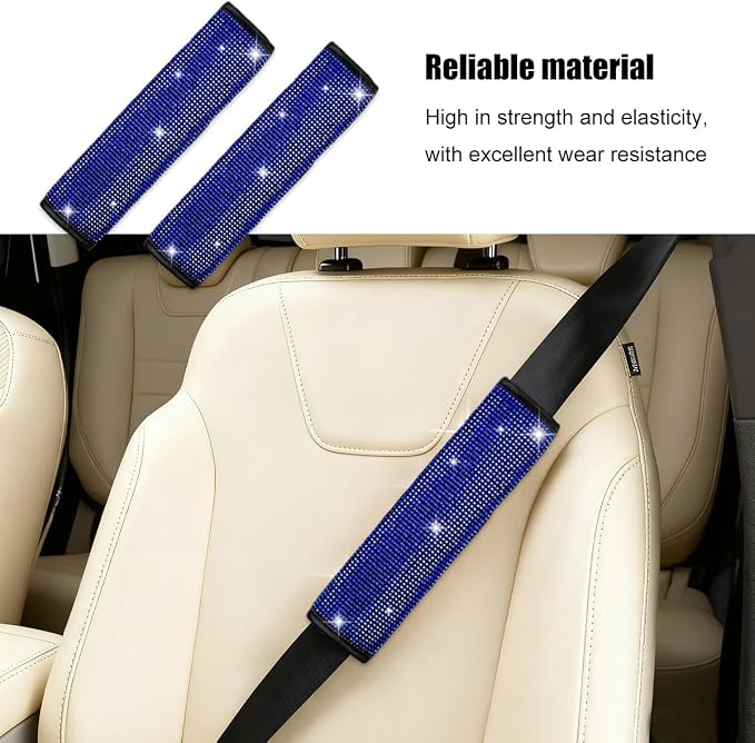 8PCS Bling Car Accessories Set, Sparkly Rhinestone Vehicle Steering Wheel Seat Belt Gear Shift Start Stop Button Cover, Diamond Auto Cup Holder Coaster Decoration, Universal Fit (Blue)