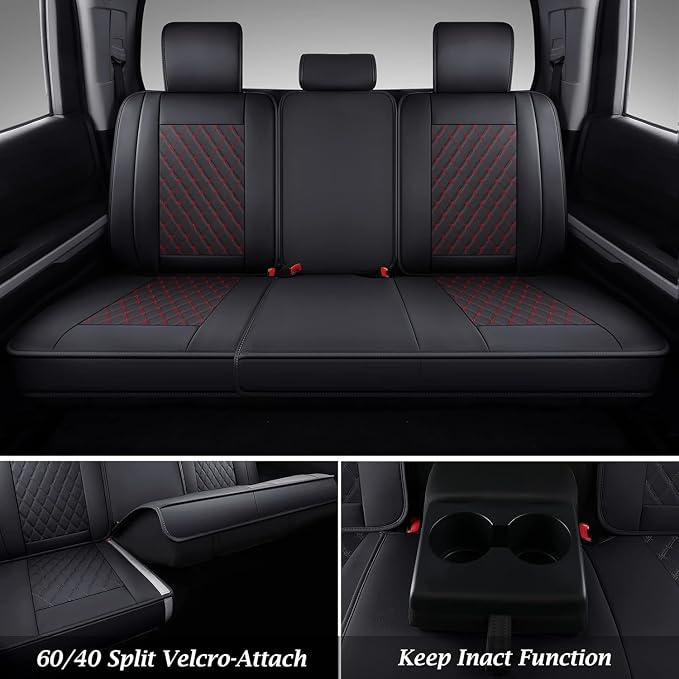 Coverado Tundra Seat Covers, Back Leather Car Seat Covers for Trucks, Automotive Seat Covers Protector Custom Fit 2007-2021 Toyota Tundra(Rear Seat Cover/Red)
