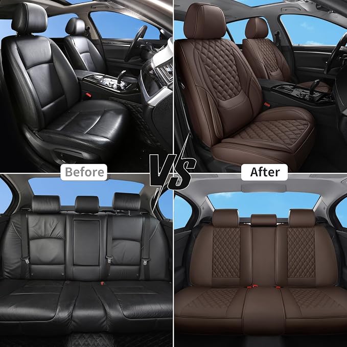 Car Seat Covers Full Set,5 Seat Leather Seat Covers for Cars,Front Seats and Back Seat Cover,Waterproof Car Seat Cushion Protectors,Universal Fit for Most Cars SUV Trucks (Brown, Full Set)