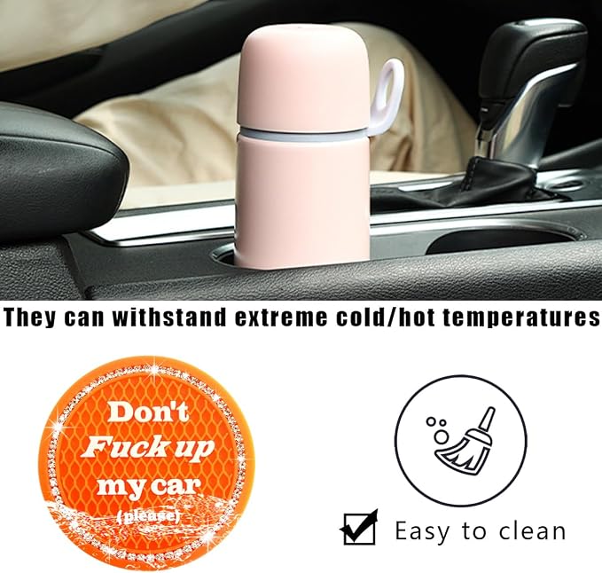 2 PCS Bling Car Cup Coaster, 2.75 Inch Anti-Slip Cup Holder Insert Coasters, Crystal Rhinestone Auto Drink Car Cup Mat for Women Girls, Universal Interior Car Accessories (Orange)