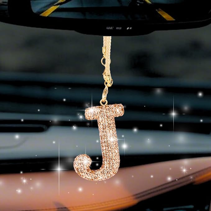 Bling Car Accessories for Women Letter Charm, Rainbow Crystal Rearview Mirror Pendant, Cute Diamond Rhinestone Car Decor, Lucky Gift for Women(J, Champagne Gold)