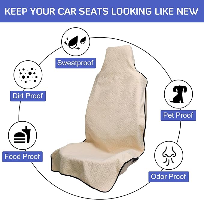 INFANZIA Waterproof Sweat Towel Seat Cover, Premium Car Seat Towel Protector for Trucks SUV Jeep, Universal Non-Slip Bucket Seat Covers for Post Gym Workout, Running, Swimming, Beach (Beige, 2Pcs)