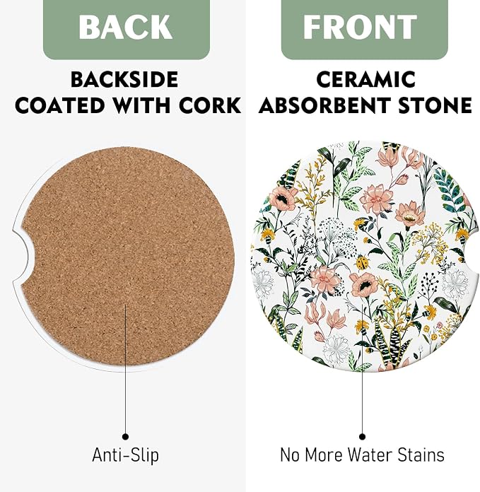2 Pack Car Coasters for Cup Holders, Absorbent Ceramic Cup Coaster with Cork Base and Finger Notch, Cute Car Accessories Interior for Women Men