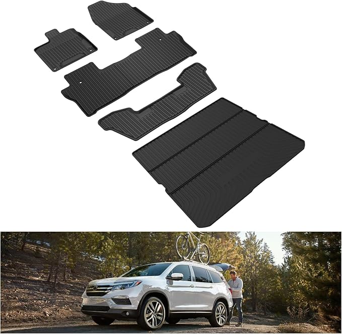 Kiwi Master Floor Mats & Cargo Mat for 2016-2022 Honda Pilot | OEM Replacement 08P17-TG7-300 08U45-TG7-100, All Weather Car Mats, Custom Fit TPE Floor Liners, Front Rear Trunk Set, Black