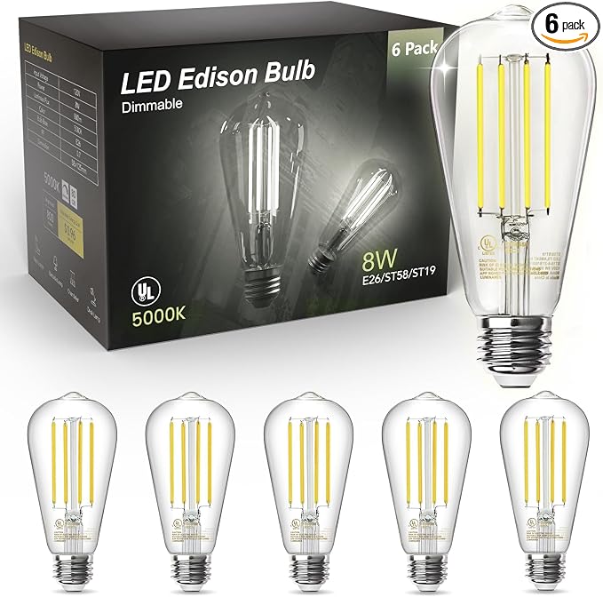 TJOY LED Edison Light Bulbs, E26 Dimmable Vintage Bulb, 8W = 60W Equivalent | Daylight White 5000K, 800LM, E26 Base, ST19/58, 80+CRI, Clear Glass, Antique Decorative Filament Bulb for Living Room, 6 Pack