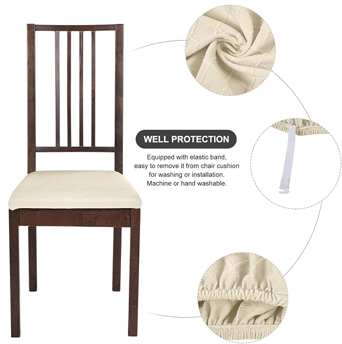 SearchI Seat Covers for Dining Room Chairs Stretch Jacquard Chair Seat Covers Set of 6, Removable Washable Upholstered Chair Seat Protector Cushion Slipcovers for Kitchen, Office(Beige Rhombus)