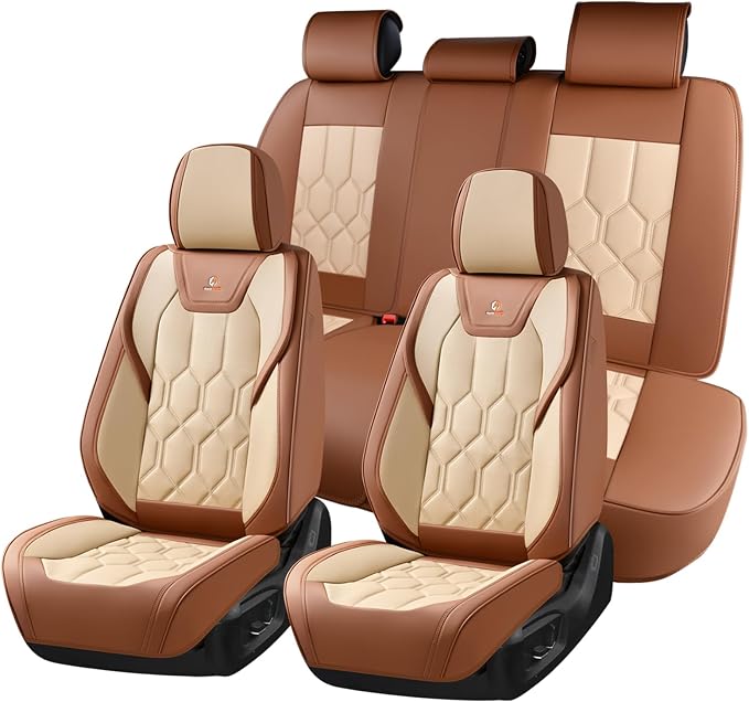 Huidasource Car Seat Covers, Universal Fit for Cars SUV Truck, Brown&Beige | Full Coverage Leather Seat Cover, Airbag, Cupholder Compatible, Seat Function Retain, Easy Install with Velcro