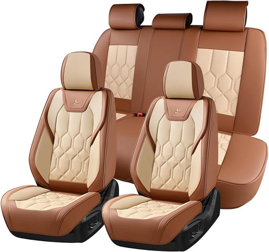 Huidasource Car Seat Covers, Universal Fit for Cars SUV Truck, Brown&Beige | Full Coverage Leather Seat Cover, Airbag, Cupholder Compatible, Seat Function Retain, Easy Install with Velcro