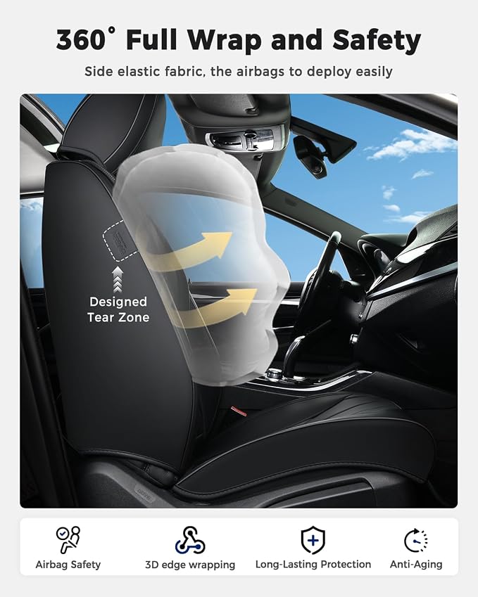 Huidasource Seat Covers Full Set, Universal Fit for Cars SUVs Trucks, Black | Full Coverage Leather Car Seat Cover, Airbag, Cupholder Compatible, Seat Function Retain, Velcro Adjustable