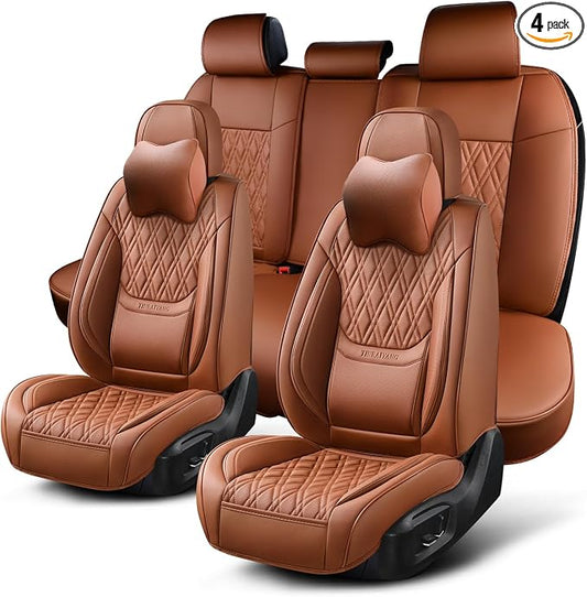 Car Seat Covers Full Set, Breathable Leather Automotive Front and Rear Seat Covers & Headrest, Universal Automotive Vehicle Seat Cover for Most Sedan SUV Pick-up Trucks, Brown