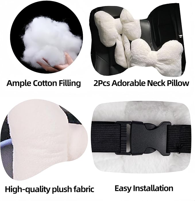 Car Neck Pillow 2PCS Plush Bowknot Car Headrest Pillow – Comfortable Neck Support for Driving Soft Touch Fabric Car Pillow Cute Interior Decor (White)