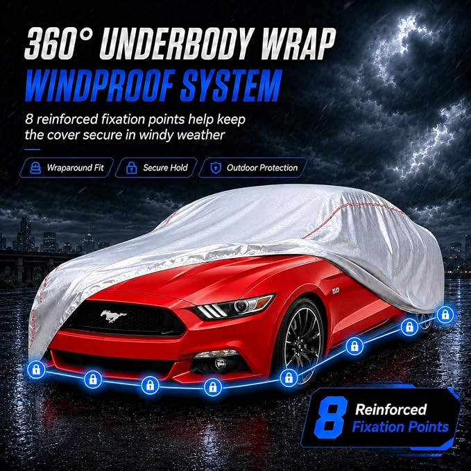 Car Cover Waterproof All Weather for Ford Mustang 1994-2025,All-Around Fastening and 4 Upgrades, 30s Quick-Install for Car Cover