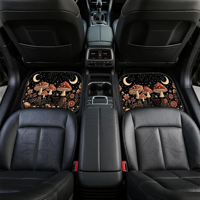 Mushroom Car Floor Mats Set of 4 Red Moon Star Night Wildflower Magic Automotive Foot Mats Rugs Carpet for Car Non-Slip Auto Car Accessories Universal Fit for Car SUV Truck Van