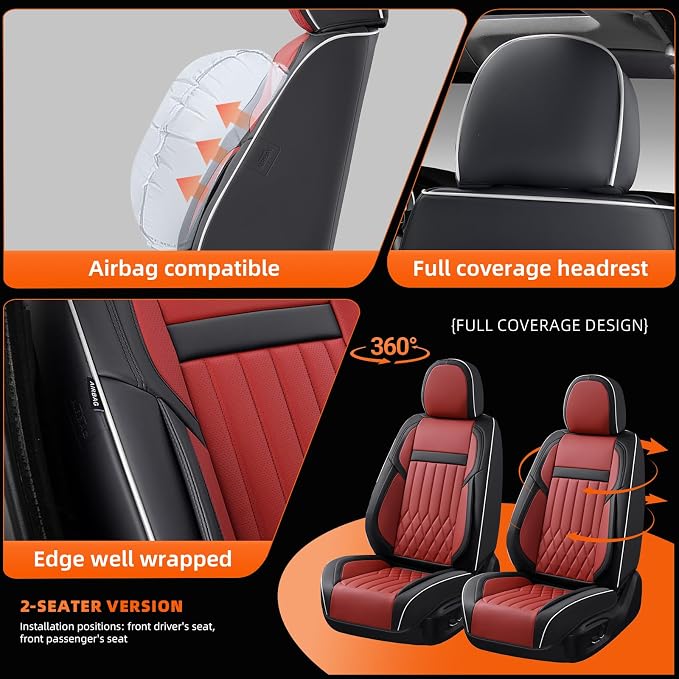 2-Seater Waterproof and Breathable Nappa Leather Car Seat Covers Full Set, Fit for Front Seats of Cars, Compatible with Airbags, Car Seat Protector Covers for Most Cars - Black Red