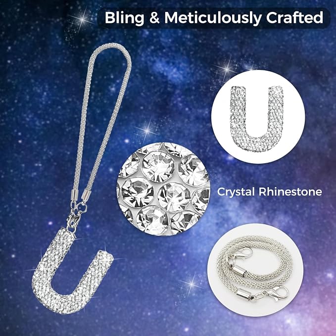Bling Car Accessories for Women Letter Charm, Rear View Mirror Ornament Cute Hanging Crystal Pendant Girl Car Decorations, Lucky Diamond Rhinestone Girly Charm Interior (White U)