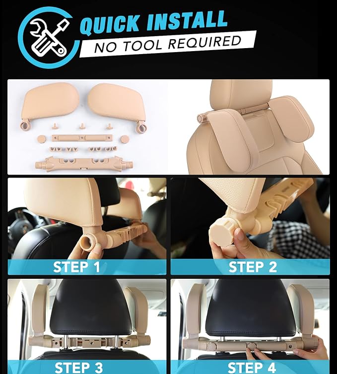 JZCreater Car Headrest Pillow, 180°Adjustable Car Headrest, Head Neck Support Pillow, U- Shaped Design, Travel Sleeping Car Headrest, fit for Car Seat with Bar，Ideal for Kids and Adults (Beige)