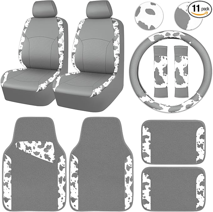 CAR PASS Cow Print Faux Leather Car Seat Covers & Cow Car Mats & Cow Steering Wheel Cover Seat Belt Pads Universal fit for SUV,Van,Saden,Truck Cute Car Accessories Automobile Interior Sets All Gray