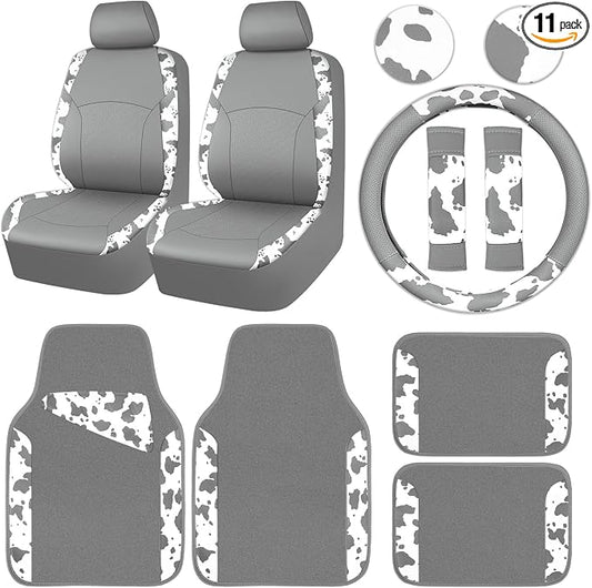 CAR PASS Cow Print Faux Leather Car Seat Covers & Cow Car Mats & Cow Steering Wheel Cover Seat Belt Pads Universal fit for SUV,Van,Saden,Truck Cute Car Accessories Automobile Interior Sets All Gray