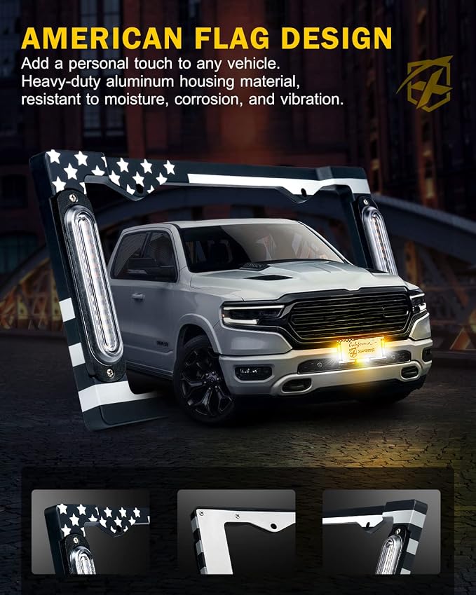 Xprite 36 LED License Plate Strobe Light, US Flag Front/Rear Utility Lights, 22 Modes Caution Frame for Construction Towing Snow Plow Pickup Work Trucks Cars - White Amber (w/Pre-Installed 9FT Cable)