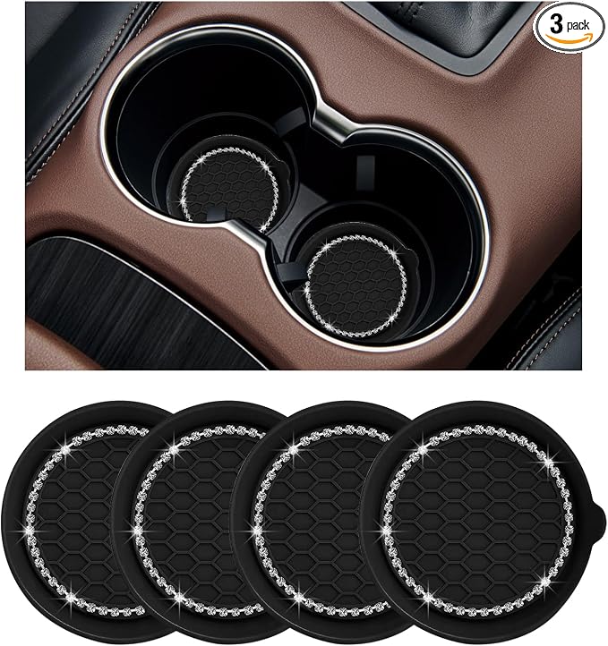 Ziciner 4 PCS Car Cup Coaster Holders, 3.15 Inch Silicone Anti-Slip Auto Insert Coaster, Crystal Rhinestone Car Drink Cup Mat, Universal Durable Auto Interior Accessories (Black, 4Pack)