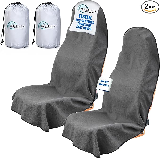 Towel Car Seat Covers for Sweat Protection, GRS Certified Recycled Microfiber Absorbent Front Seat Protector, Non-Slip Washable Universal Fit for Sedans SUV Minivans(2 Pack,Gray)