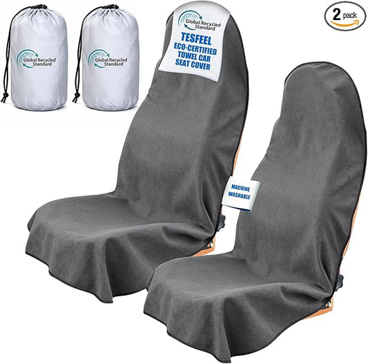 Towel Car Seat Covers for Sweat Protection, GRS Certified Recycled Microfiber Absorbent Front Seat Protector, Non-Slip Washable Universal Fit for Sedans SUV Minivans(2 Pack,Gray)
