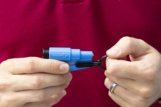 resqme The Original Emergency Keychain Car Escape Tool, 2-in-1 Seatbelt Cutter and Window Breaker, Made in USA, Pack of 6, Blue, Red - Compact Emergency Hammer