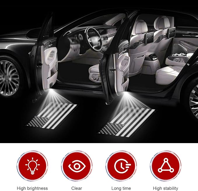 4 PCS Car Door Welcome Lights, Automotive Sill Decorative Ambient Lights, LED Projector Door Step Light with American Flag Pattern, Universal for Most Cars (Black)