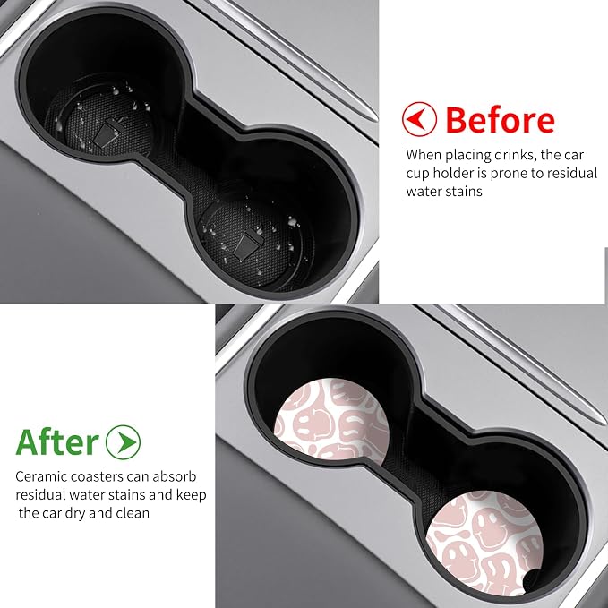 Car Coasters,Purple Smily Absorbent 2 Pack for Cup Holders with Finger Notch,2.56 inches Ceramics Heat Resistant Anti Slip Cork Base Car Drinks Coasters Auto Cup Holder(Light Pink Smiley face)
