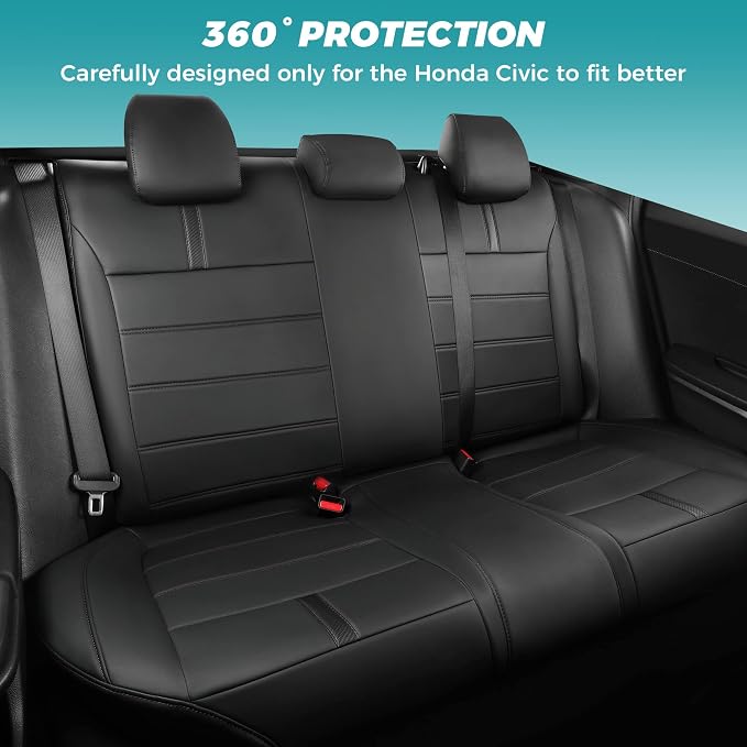 Seat Covers for Honda Civic Sedan LX 2016 2017 2018 2019 2020 2021, Faux Leather Car Seats Cover Full Set Waterproof, Black (Solid Rear Seatback - No Rear Armrest)