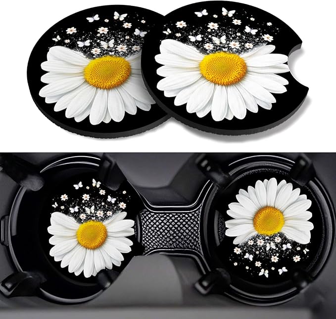 Car Cup Coasters,2 Pack Car Coaster,2.75inch Anti Slip and Absorbent Cars Coasters for Cup Holders,Car Accessories for Women,Cute Decor for Women (Fading Daisy)