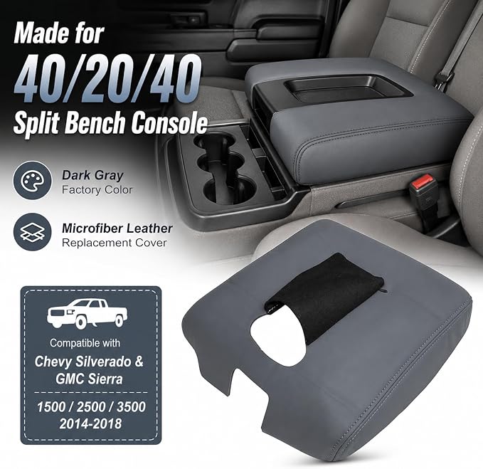 SecosAutoparts 2014-2018 Center Console Armrest Cover Lid for Chevy Silverado & GMC Sierra 1500 2500 3500 - Dark Gray Leather Replacement Cover, Jump Seat 40/20/40 Split Bench, Microfiber Leather