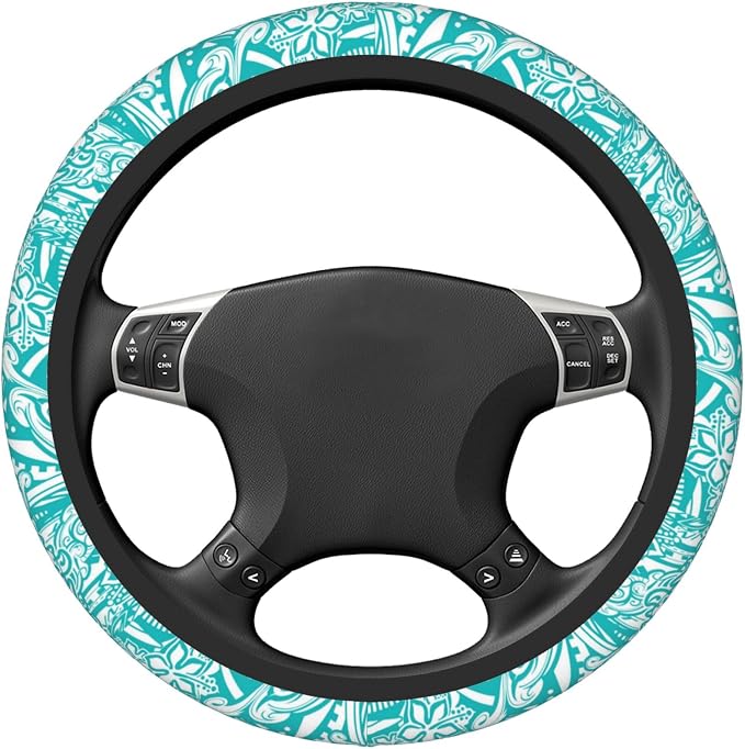 Hawaiian Teal Tribal Turtles Car Steering Wheel Cover for Women Men Stretch Cloth Anti-Slip Wrap Protector Case Fit Universal Auto Accessories Decor Sweat Absorption 14-15 Inch