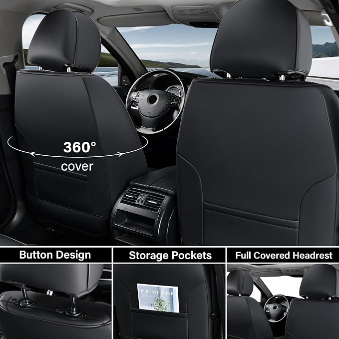 Coverado Car Seat Covers Full Set, Black Seat Covers for Cars, Waterproof Nappa Leather Automotive Seat Covers with Lumbar Head Pillow, Car Seat Protectors, Universal Fit for Most Cars SUV