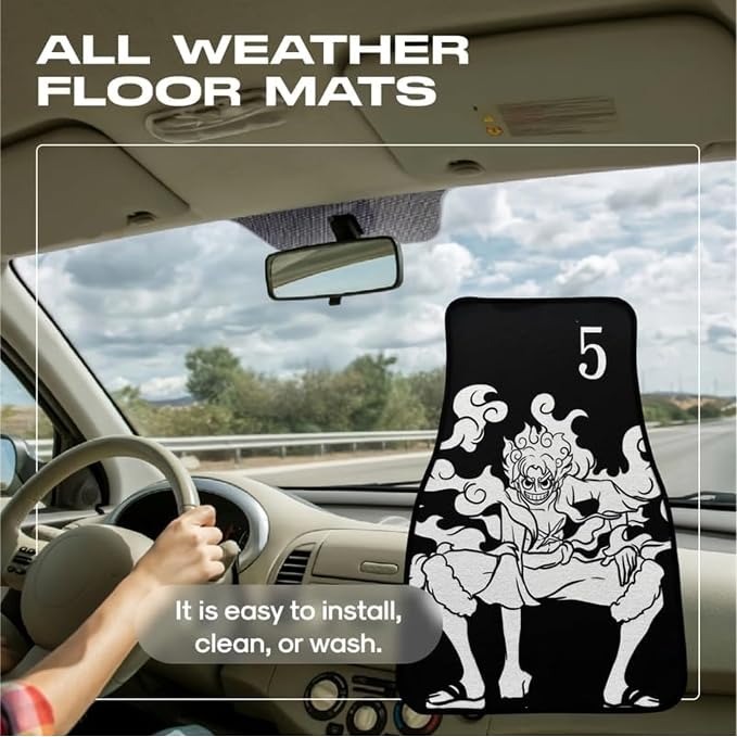 Anime-Inspired Car Floor Mat Set of 2 Front – Non-Slip Waterproof Auto Mats, Universal Fit Anti-Skid Rubber Backing, Interior Floor Mat Accessories for Cars, Trucks & SUVs (Black Gear 5)